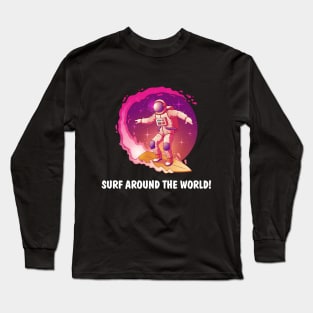 Astronaut in spacesuit standing on surfboard and surfing in milky way stars Long Sleeve T-Shirt